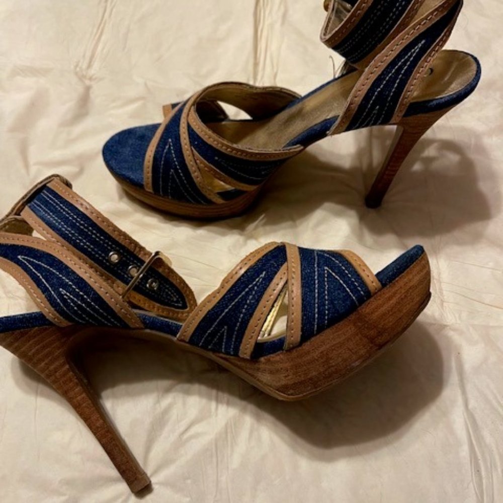 Guess Denim platform with wood stiletto heels